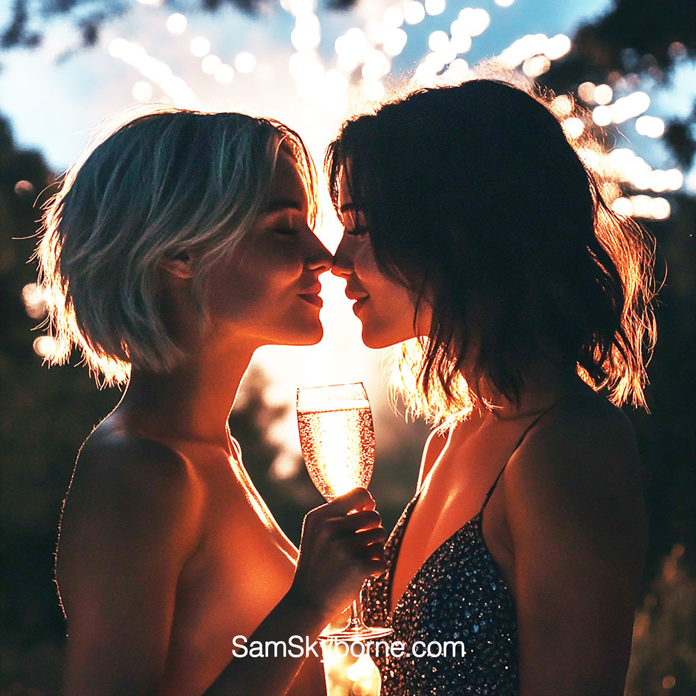 Two women kissing, one holding a glass of champagne with fireworks coming out of it. 